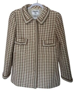 CHANEL Brown & Cream Tweed Wool Jacket Polka Dot CC Buttons Size 42